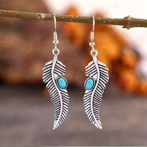 Turquoise Decor Feather Dangle Drop Earrings Vintage Boho Statement Earring.